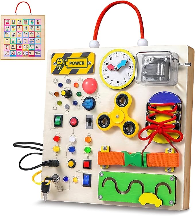 Busy Board Montessori Toys for 1 2 3 Years Old Toddler,Wooden Sensory Educational Fidget Board Toy with Led Light Up Switches & Music Boxes,Travel Toys for 1+ Year Old Boy & Girl Birthday Gift