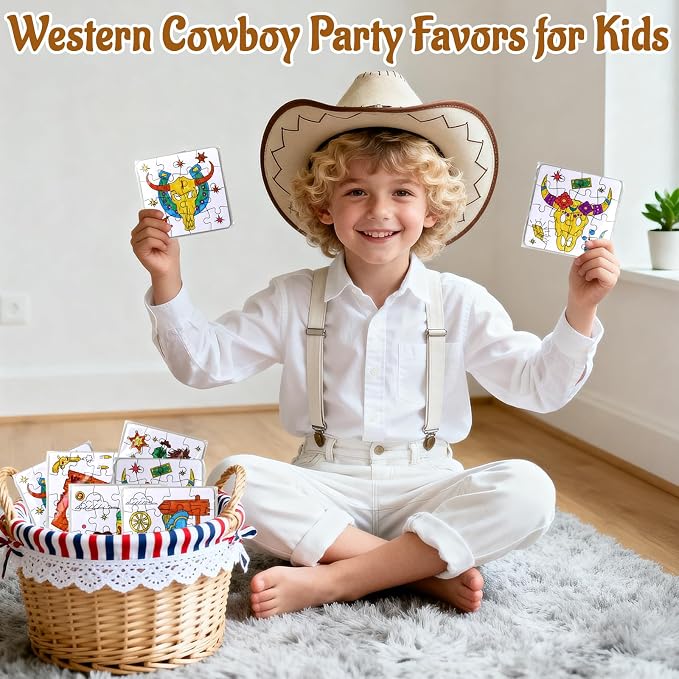 Western Cowboy Coloring Jigsaw Puzzle for Kids-DIY Horse Craft Party Favors | 24 Sets Color Your Own Crafts Blank puzzles, Fall Classroom Gift for Toddlers & Adults Birthday Game toy Supplies Arts Bulk