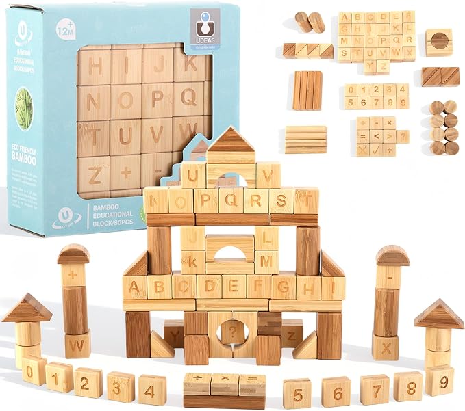 80-Piece Wooden Alphabet Building Blocks Set - Creative ABC Letters, Numbers & Shapes Blocks for Building Castles, Rockets, Robots | Educational Stacking Toys with Math Symbols for Kids Ages