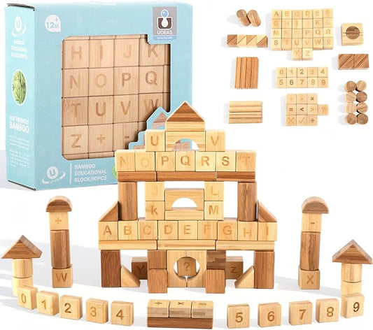 80-Piece Wooden Alphabet Building Blocks Set - Creative ABC Letters, Numbers & Shapes Blocks for Building Castles, Rockets, Robots | Educational Stacking Toys with Math Symbols for Kids Ages