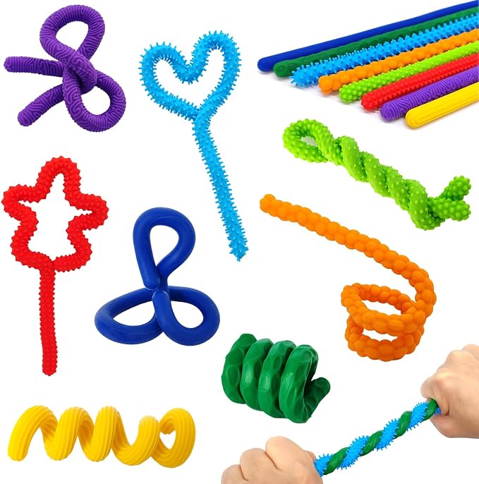 Silicone Sensory Sticks for Kids Adults, Textured Flexible Fidget Sticks Toys for Autism ADHD, Classroom Travel Anxiety Relief Toy, Christmas Stocking Stuffers Gift for Teens (8 PCS)