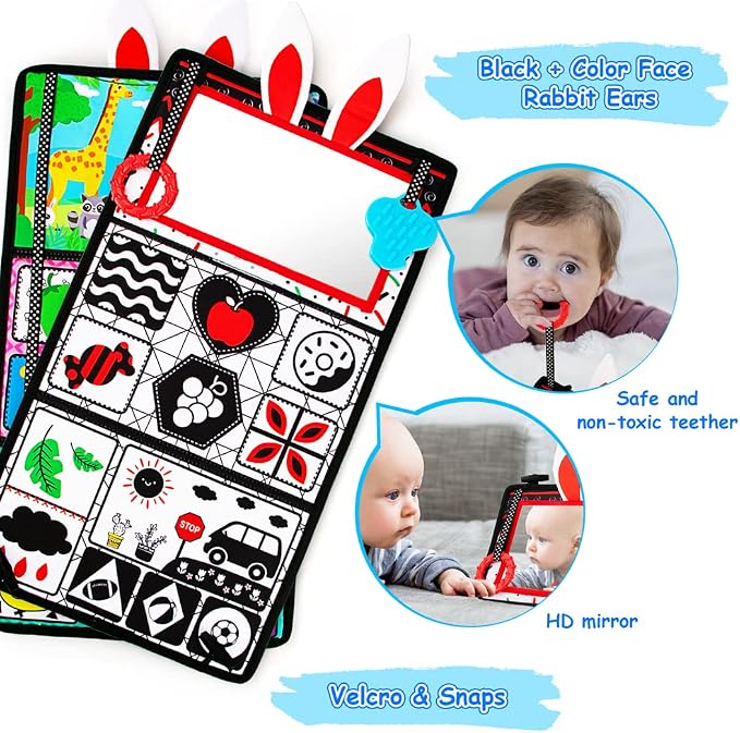 Tummy Time Baby Mirror Toys, Tummy Time Mat, Black and White High Contrast | Tabletop Mount Baby Newborn Toys 0 3 6 Months Brain Development, Sensory Texture Piano Infant Toys 0 3 6 Months with Squeaker