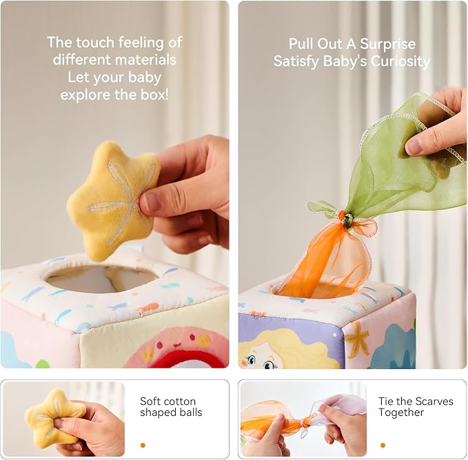 Youuys Baby Tissue Box Toy for Babies 6-12 Months - Montessori Sensory Busy Cube Toys with 3 Textured Balls & 12 Silky Scarves - Ideal Gift for Toddler Girls Ages 6 12 18 Months (Mermaid Theme)