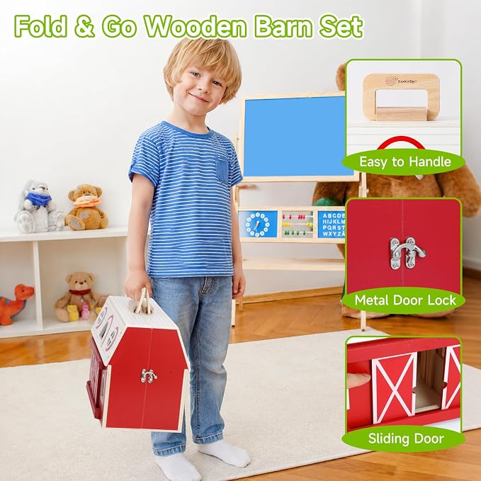 Wooden Barn Toy Set with Farm Animals, Sticker | Portable Pretend Play Barn, Farm Animal Figures, Montessori STEM Educational Animal Playset for Kids Birthday Christmas Gift