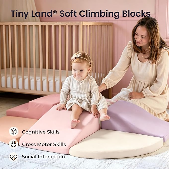 Tiny Land Soft Foam Climbing Blocks for Toddlers, 6-Piece Foam Blocks | Indoor Playground Baby Climbing Toys, Ideal Gift for Kids Activity Crawling and Sliding Foam Play Set (Pink Pastel)