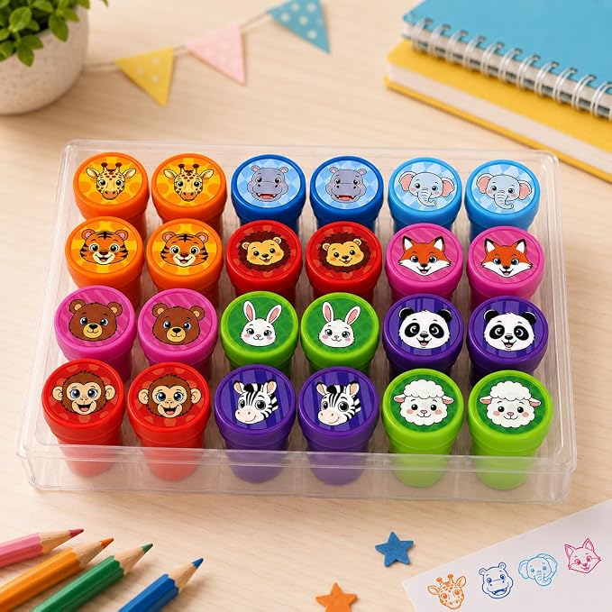 Cinrobiye 24 Pcs Animal Stampers for Kids, Pre-Inked Safari Zoo Party Favor Set, Animal Theme Birthday Party Supplies, Classroom Rewards, Goody Bags, Piñata Fillers