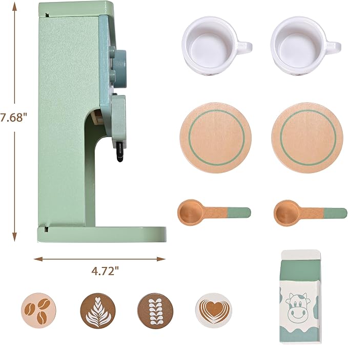 Green Coffee Maker Toddler Pretend Play Kitchen Accessories | Kids Wooden Toys Espresso Machine Playset Montessori Kitchen Toy Gift for Girls and Boys