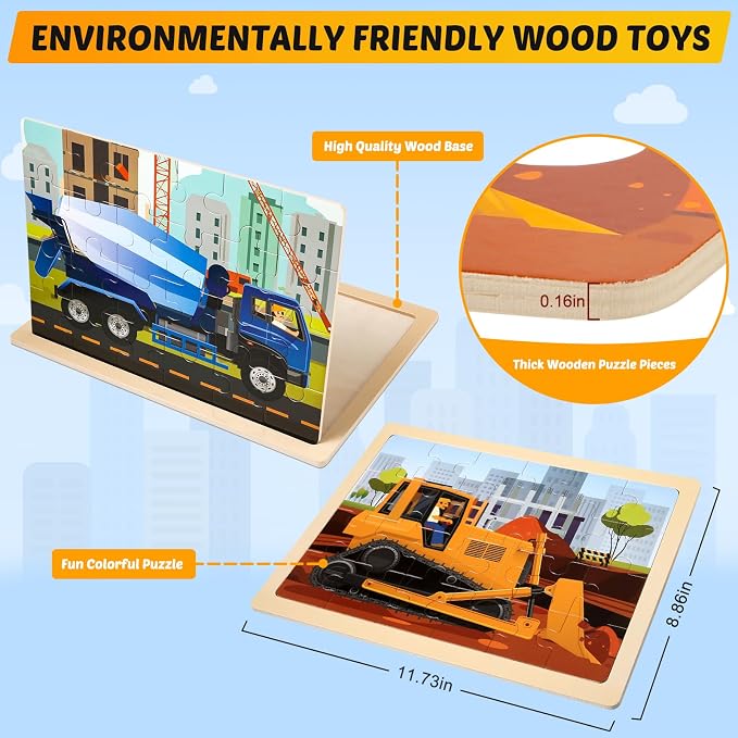4-Pack Wooden Puzzles for Kids Ages 3-5, 24-Piece Construction Vehicle Set | Toddler Puzzles Ages 3-5, Preschool Puzzles with Wooden Jigsaw Boards for Fine Motor Skills, Shape Recognition and Travel