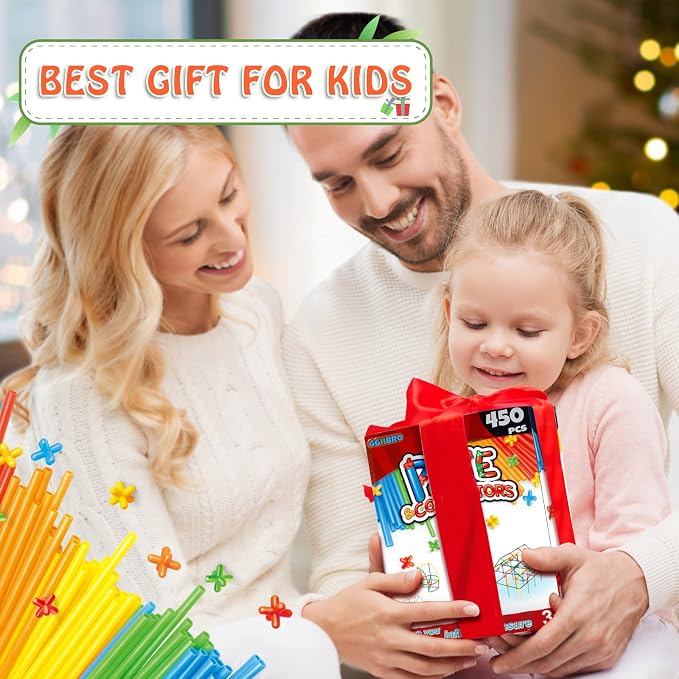 Ggiibro Creative Straw STEM Building Toys 450Pcs Aged for 3-5 5-7 Preschool Kids Constructor Toy Thin Tube Toy DIY Educational Interlocking Plastic Engineering Toys Kit for Boys and Girls