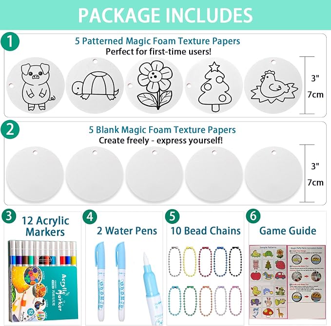 Magic Foam Texture Painting Kit - 3d Aqua Magic Puffs Art for Kids, 34 Pcs Magic Puffy Paint Kit with Foam Explosion Art Craft Papers, Kids Craft Gift for Girls & Boys Ages 4, 5, 6, 7, 8, 9, 10, 11