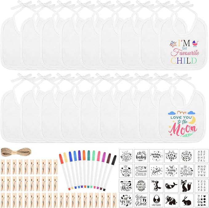 BOUBONI 88 Pcs DIY Baby Bibs Decorating Set Includes 18 White Bibs, 12 Fabric Markers, 24 Stencils, 33 Clothespins, 1 Hemp Rope for Baby Shower Games, Boys & Girls