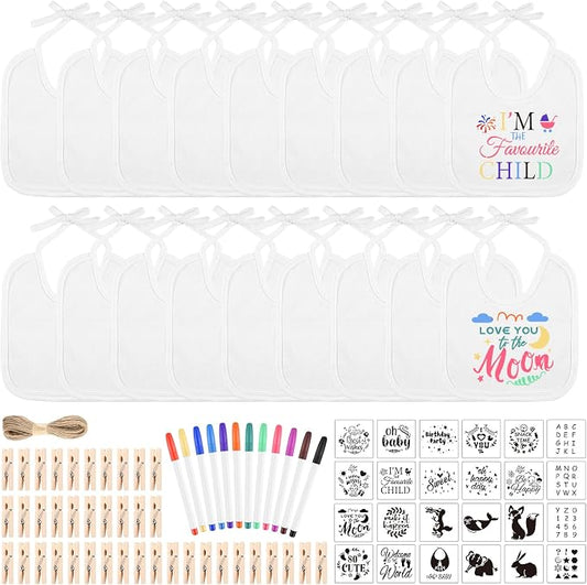 BOUBONI 88 Pcs DIY Baby Bibs Decorating Set Includes 18 White Bibs, 12 Fabric Markers, 24 Stencils, 33 Clothespins, 1 Hemp Rope for Baby Shower Games, Boys & Girls