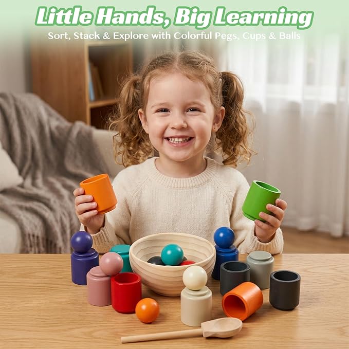 Rainbow Balls in Cups Toddler Montessori Toys for 3 Year Old Up | Kids Preschool Wooden Matching Games for Learning Color Sorting and Counting