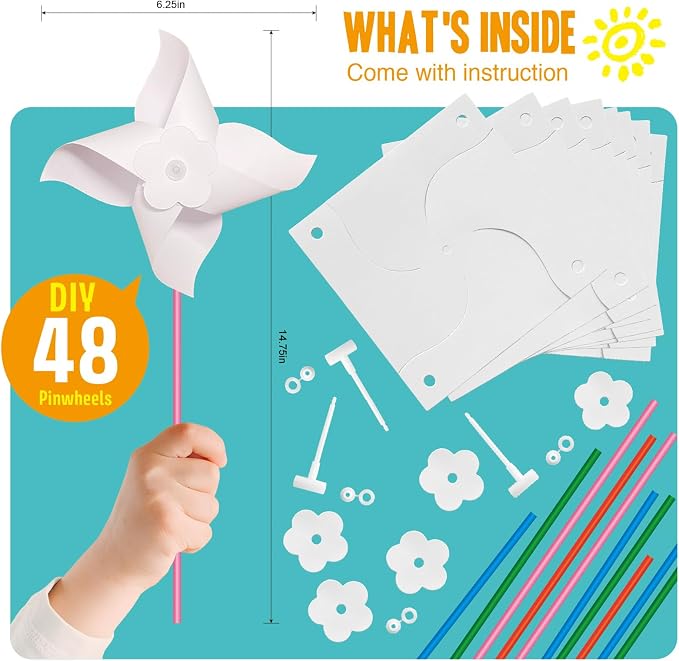 KwestSync 48 Pack DIY Pinwheels for Kids - Bulk Spring Summer Crafts for Kids 3-5, 4-6, 4-8, Color Your Own Paper Windmill - Great Activity for Party, VBS, Patriotic Classroom Birthday
