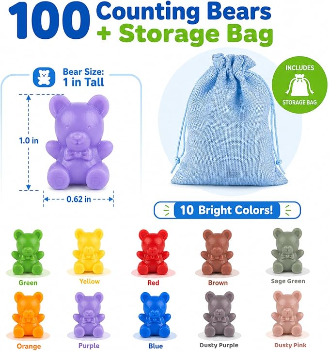 XINHUIDALSQ Rainbow Counting Bears Set of 100, 10 Colors Sorting Teddy Plastic Bears Math Manipulatives for Toddlers, 1 Inch Bear Conters Ages 3+ Kids