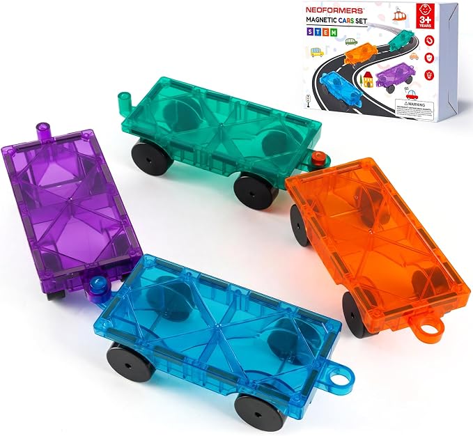 Magnetic Tiles Car Building Kit for Toddlers, 4 PCS Magnet Construction Trucks, STEM Toys for Boys Girls Ages 3-5 4-8,Educational Vehicle Engineering Set, Gifts for Kids