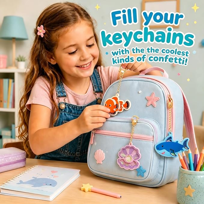 DIY Glitter Craft Kit with Keychains - Mess-Free Arts and Crafts for Kids Ages 4-8, Fun Shake-It Activity, Creative Travel Toys, Party Favors & Birthday Gifts for Girls 4-9