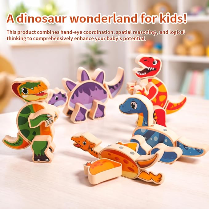 INIFEIDALA Magnetic Wooden Dinosaur Building Blocks, Ages 3-6 | Take Apart, STEM Montessori Educational Toy, Fine Motor Skills Development, Hand-Eye Coordination