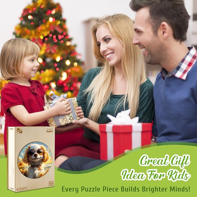 Animal Wooden Puzzles for Kids - Sunny Puppy | 50 Piece Puzzles for Kids Ages 6-8, Kids Puzzles with Unique Animal Shapes, Round Gift for Girls and Boys (11.4 * 11.4 in)