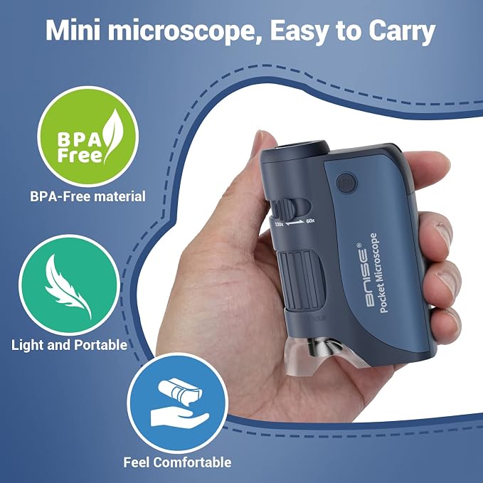 Pocket Microscope for Kids 60X-120X Handheld Science Learning Toy | LED Light, 5 Slides Specimen, Curious Kid Explorer, Backyard Classroom Park Nature, Discovery STEM Education Gift