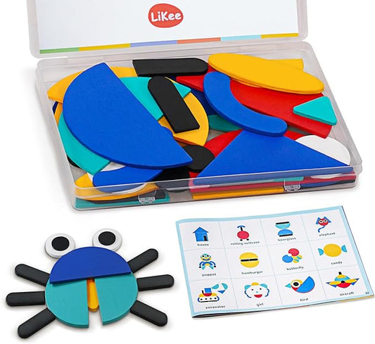 LiKee Wooden Shape Puzzle, 36 Blocks& 1 Booklet, Montessori Toy for Kids 3+ | open-end