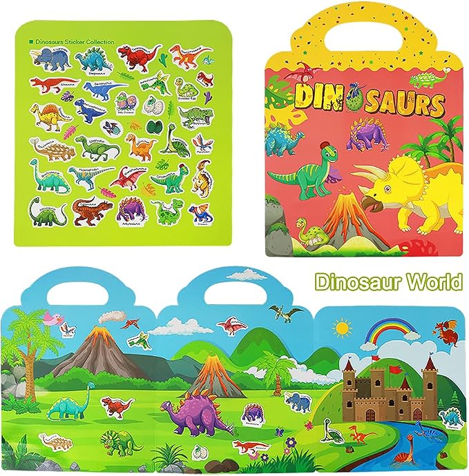 Reusable Sticker Books for Kids, 4 Sets Removable Toddler Sticker Book for Girls Boys Educational Learning Toys - Vehicle, Farm, Dinosaur & Zoo Animal