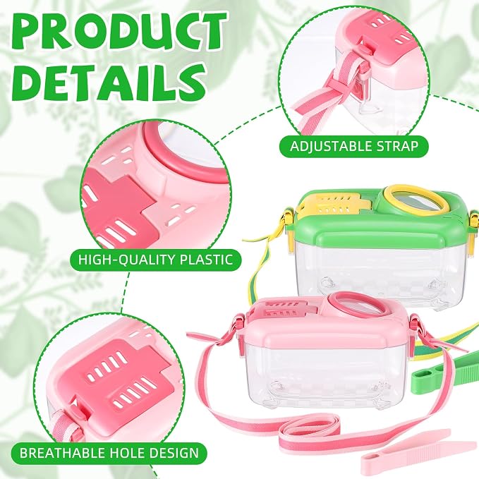 Halloscume 6 Sets Bug Catcher for Kids Students Insect Catching Kit Collector Bug Box with House, Butterfly Net, Tweezer, Cage Habitats Container Collection Explorer Gift (Pink,Green)
