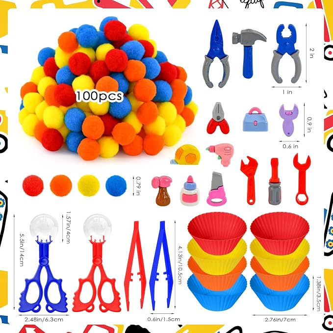 134 Pcs Tool Sensory Bin Items Tool Box Counting Sorting Sensory Bin Filler Fine Motor Tape Measure Drill Hammer Pliers Open-End Combination Wrench Hard Hat Hand Counts for Counting Sorting