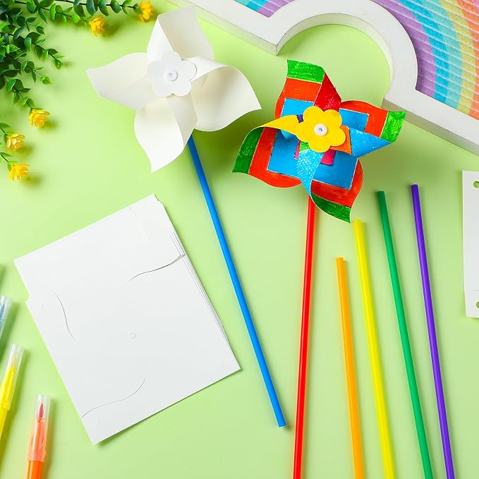 Poen 24 Pcs DIY Pinwheels for Kids Bulk, Blank White Paper Craft 5 in | Color Your Own Windmills Activity, Patriotic Summer Party Favors for Kids, VBS Sunday School Classroom Art Project Supplies