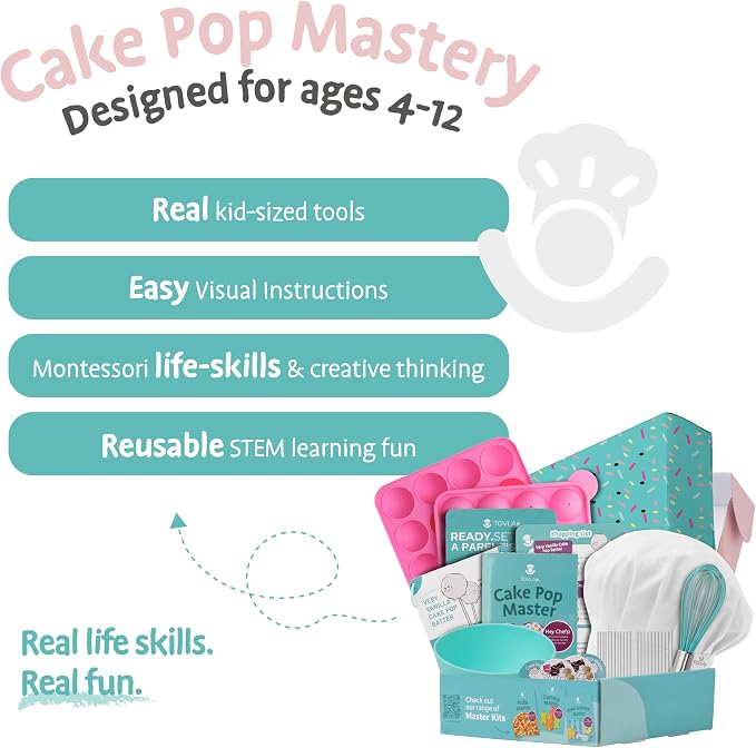 Kids Cake Pop Maker Kit | Real Reusable Baking Tools | Ages 6-12 | Cake Pop Making Set | Visual Recipe Cards | STEM DIY Baking Activity | Screen Free Fun | Birthday Christmas Gift