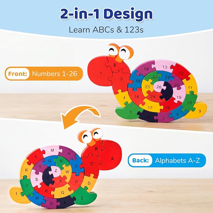 LovesTown Wooden Snail Jigsaw Puzzle, Double Sided | Alphabet & Numbers, Montessori Educational, Chunky Animal Design, For Toddlers