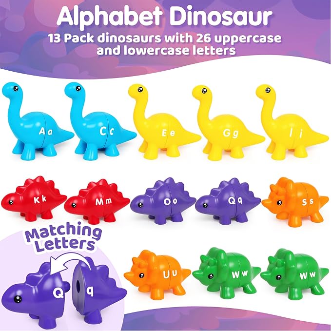 13Pcs Dinosaur Alphabet Learning Toys, Double-Sided ABC Matching Game | Montessori Preschool Educational Sensory Toy, Preschool Travel Activities, Christmas Birthday Gifts for Boys Girls