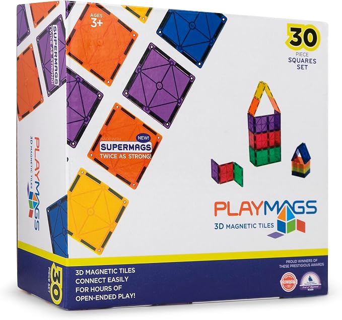Playmags Magnetic Tiles, 30-Piece Magnet Squares Expansion Set, Construction Building Blocks, Starter Set for Kids Ages 3+