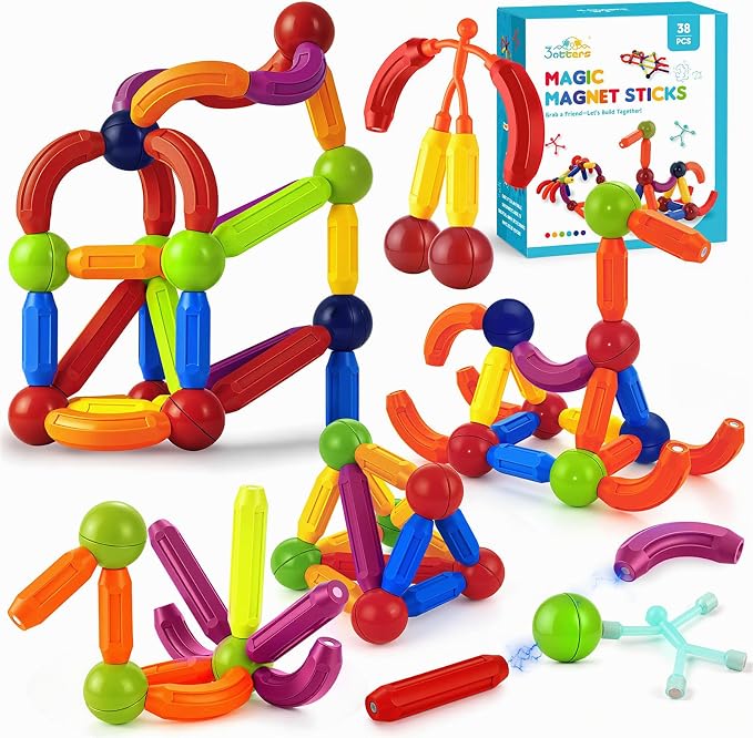3 otters 36 PCS Magnetic Sticks and Balls, 2 Magnetic Men, Guide | STEM Building Toy for Kids, Educational Construction, Classroom Activities, Travel Toys
