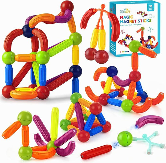 3 otters 36 PCS Magnetic Sticks and Balls, 2 Magnetic Men, Guide | STEM Building Toy for Kids, Educational Construction, Classroom Activities, Travel Toys