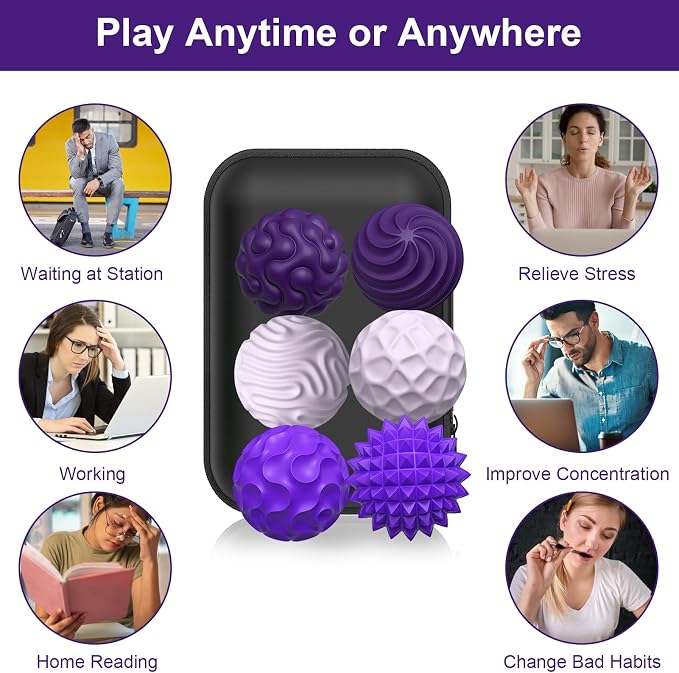 BUSOHA Silicone Magnetic Fidget Balls - 6 Pack Fidget Toys for Adult | Six Unique Textures Sensory Support,Quiet and Silent Stress Relief,Lightweight,Office,Travel,Anxiety,ADHD,Purple