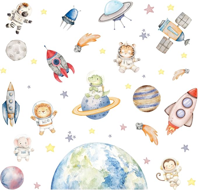 LHIUEM Space Animal Astronaut Wall Decals 39"X12" Cute Outer Space Peel and Stick Wall Stickers Planet Rocket Bulletin Board Decor Removable Self Adhesive Educational for Kids Bedroom Nursery