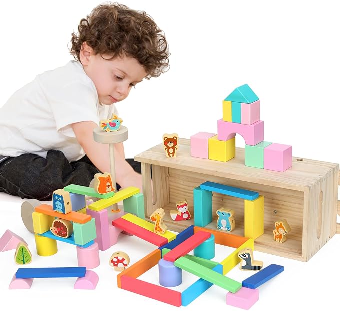 Montessori Toys,Solid Wood Building Blocks and Shapes,Xylophone Set | Montessori Wooden Lacing Beads,Wooden Storage Box for Kids Ages 36 Months+,Toddler Block Set and Converts into a Pull Car