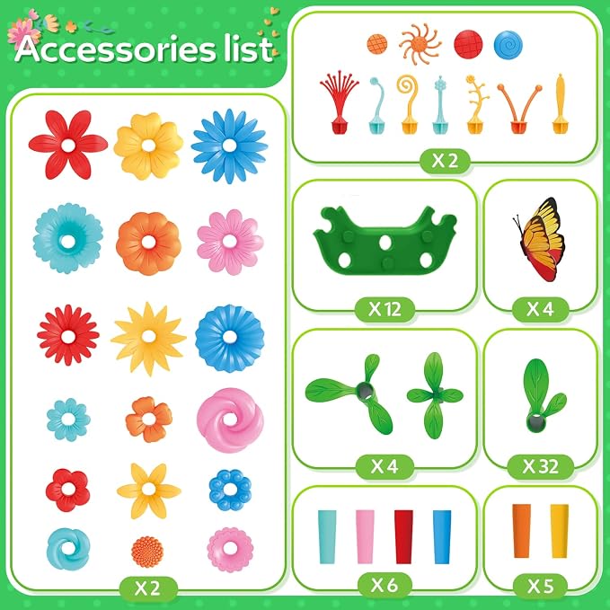 YEEBAY Flower Garden Building Toys for Girls Age 3, 4, 5, 6, 7 Year Old - STEM Gardening Toys for Kids - Stacking Game for Toddlers Play Set - Educational Activity for Preschool (148 PCS) | Flower Stacking Toy with Washable Pieces, Portable Box and Gif...