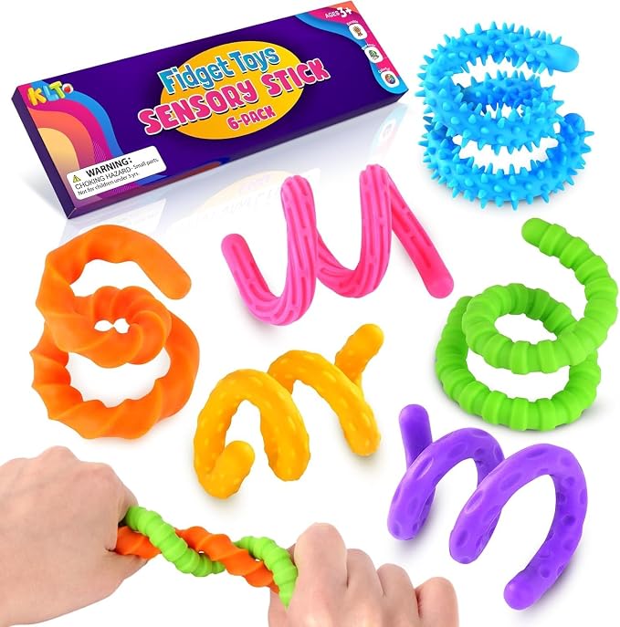 KLT Silicone Fidget Sticks 6 Pack with 6 Unique Textures | 10.5 inches long, bendable design, quiet desk play, creative shaping, portable for home, school, office, travel