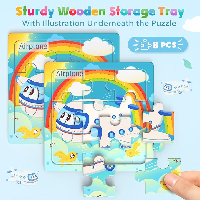 Zeoddler Wooden Puzzles for Toddlers, 8 Pack Vehicle Jigsaw Puzzles for Kids3-5, 9 Pieces Preschool Learning Activities, Learning & Educational Toys, Gift for Boys, Girls