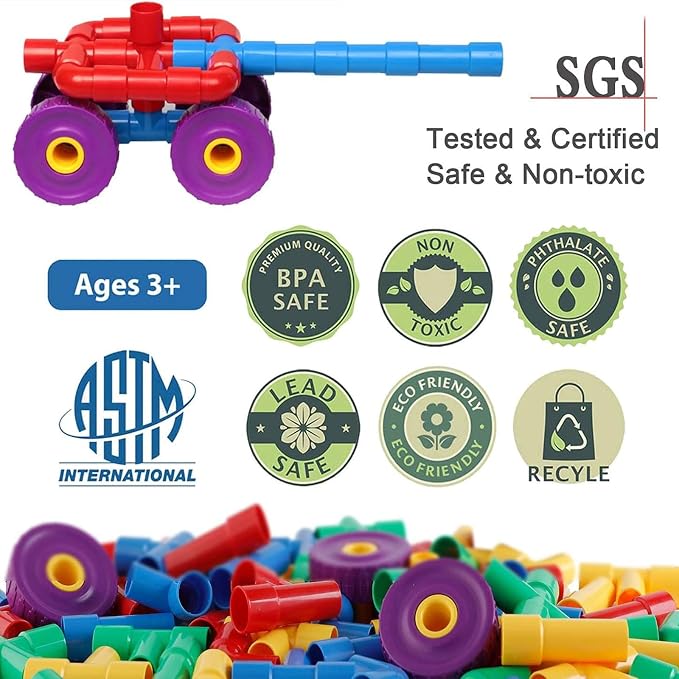 ZOZOPLAY STEM Learning Toy Tubular Pipes & Spouts & Joints 64 Piece Build Bicycle, Tank, Scootie, Moter Skills Endless Designs Educational Building Blocks Set for Kid Ages 3+ Multicolor | 64 pipes, spouts, and joints for kids 3+ to build vehicles while...