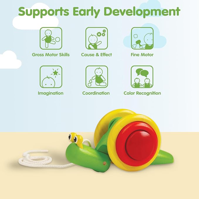 PlanToys® Snail Pull Toy for Toddlers Eco-Friendly Wooden Walking Kids Set | rolling shell, toddler pull toys, animal design, girls, boys, montessori fine motor coordination learning gift for kids
