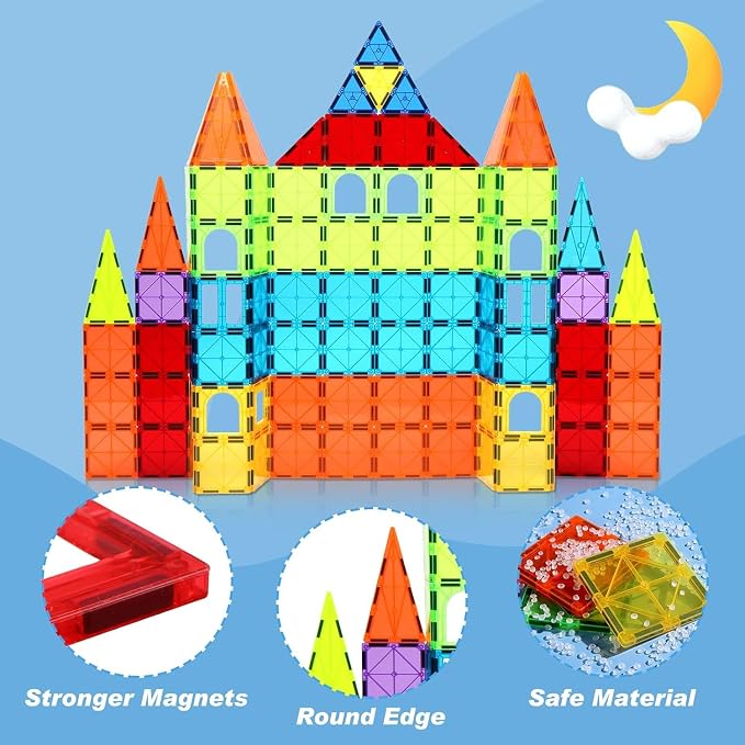 OugerToy 32-Pack Magnetic Tiles–Rainbow Builder Set | 2.95in STEM Construction Kit with Transparent Windows, Expand Creative Play for Kids