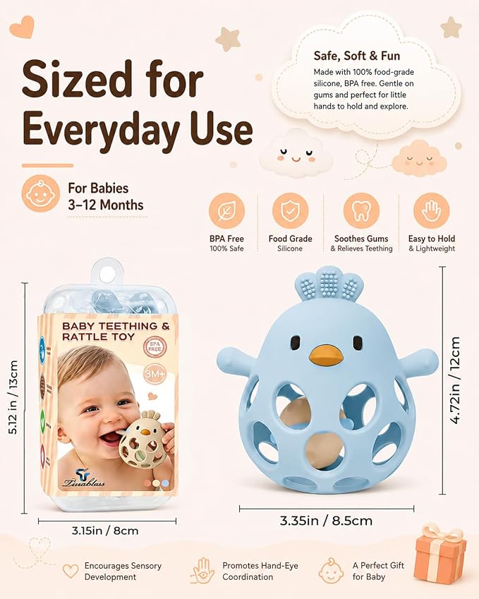 Tinabless 2-in-1 Baby Teething Rattle Toy, Easy Grip Silicone Teether for Babies 3-12 Months, BPA-Free Sensory Grasping Chew for Sore Gums, Infant Shower Gift (Blue w/Rattle)
