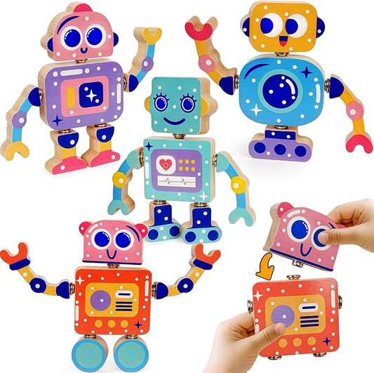 Robot Toys for Kids 3-5,Montessori Wooden Learning Toy with Take Apart Features Robots,STEM Educational Play Fine Motor Games for Boys Girls