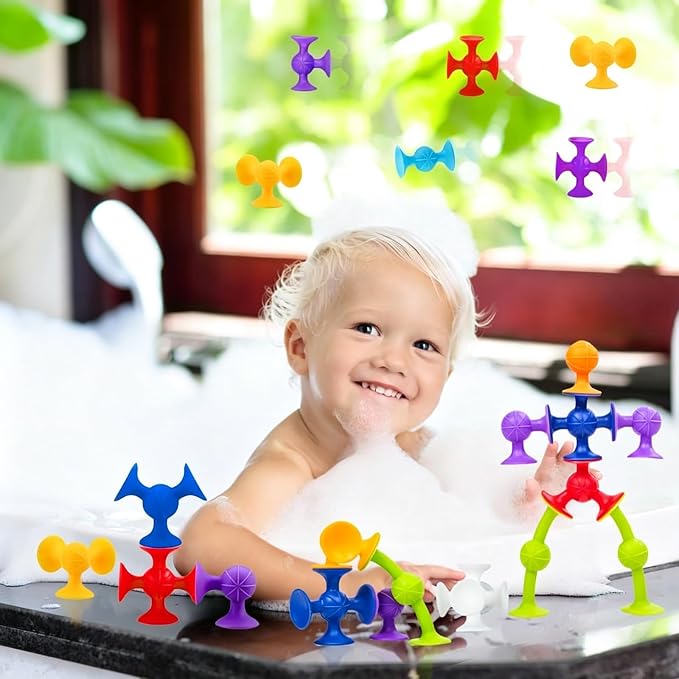 48 Piece Suction Cup Toys Construction Set - Silicone Building Blocks DIY Fun Bath Toys for Kids, Travel Essentials for Toddlers, Stem Bins for Classroom Darts Sucker