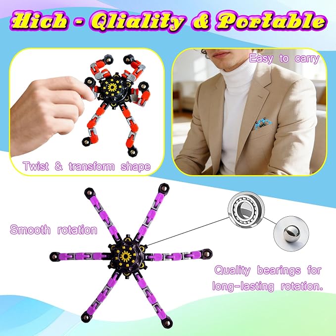 24 Pcs Funny Sensory Fidget Toys,Deformable Chain DIY Robot Spinners Fingertip Stress Relief Gyro Toy Birthday Gifts Christmas Goodie Bag Stuffers Classroom Prizes Party Favors for Kids Adults