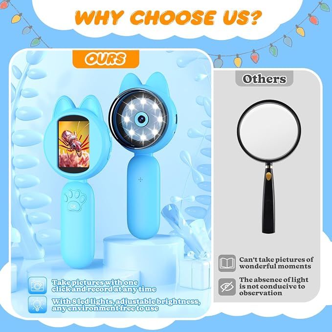 Leipan Magnifying Glass for Kids, 100X 2 LCD Scrren Handheld Microscope | Kids Magnifer with 8 LED Lights, Christmas Birthday Gifts for Children