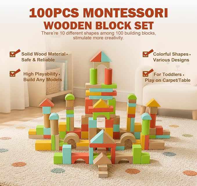 100pcs Building Blocks for Toddlers 1-3, with Storage Bucket | with Shape Sorter, Stacking Toys or 1 2 3 Year Old, Learning Toys for Preschool Girls and Boys